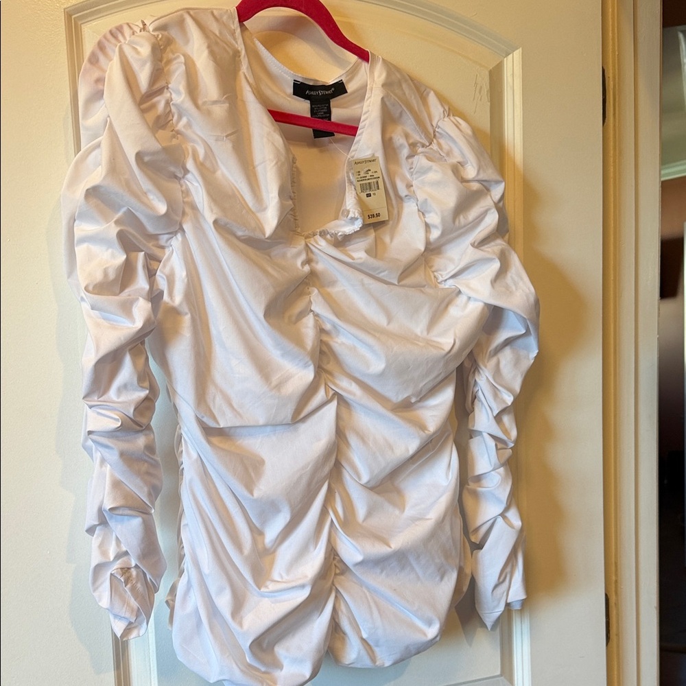 Zara White Ruched V-Neck Long Sleeve Blouse